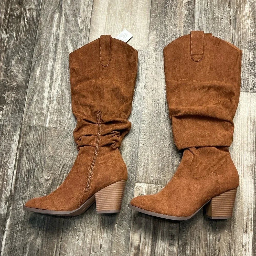 Women's Slouchy Mid-Calf Tan Faux Suede Boot Size 7